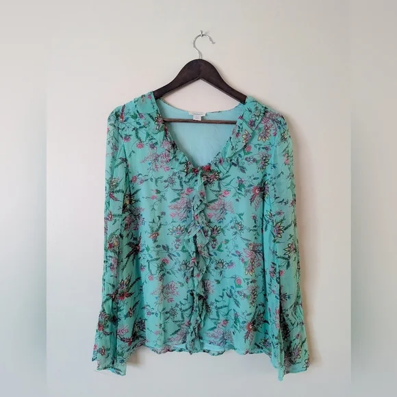 Sundance Colorful Boho Turquoise Floral Ruffle Blouse - Picture 1 of 3